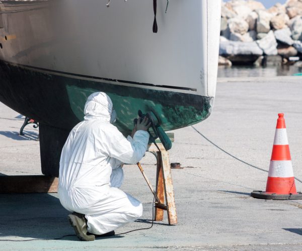 Worker wearing protection suit and mask is sanding down old paint from catamaran
